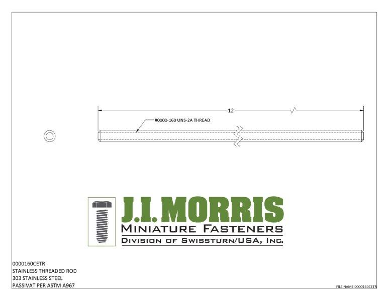 J I Morris miniature 0000-160 stainless steel threaded rod, 303 steel, ASTM A967