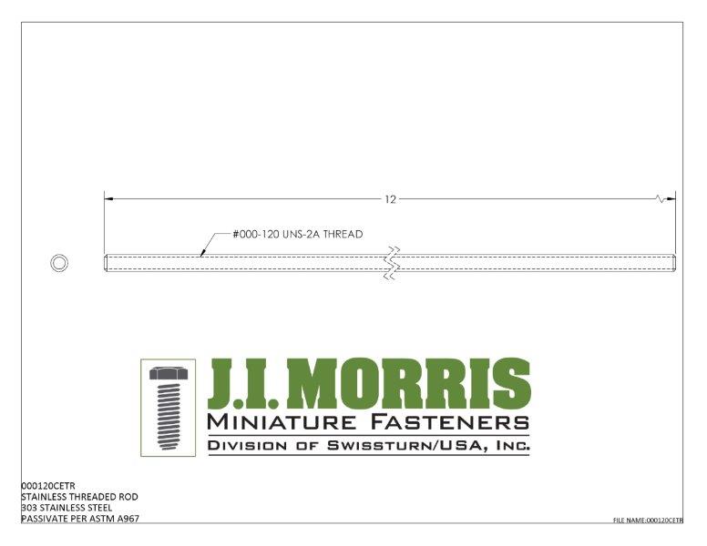 J I Morris miniature 000-120 threaded rod, 303 stainless steel, ASTM A967