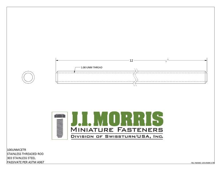 J.I. Morris 1.0 UNM stainless steel threaded rod, #303 steel