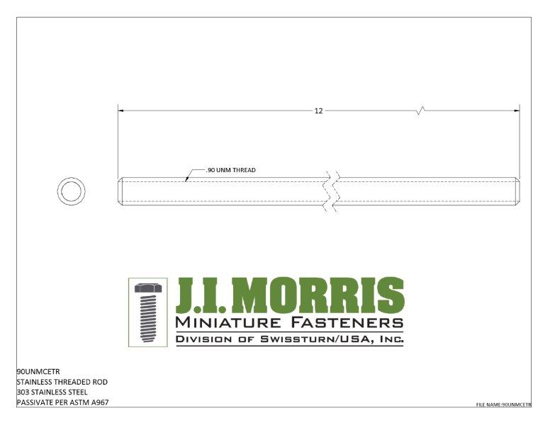 J.I. Morris 0.90 UNM stainless steel threaded rod, #303 steel